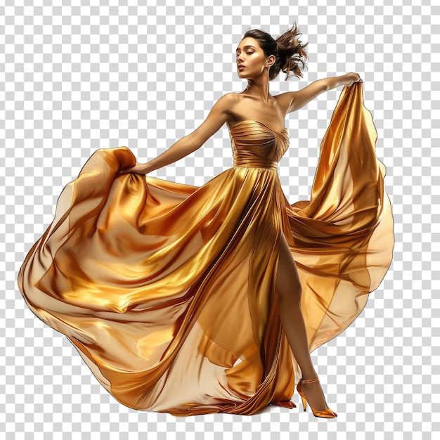 a woman in a gold dress with a long flowing skirt