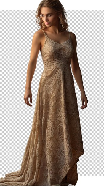 PSD a woman in a gold dress with a pattern of sequins on the back