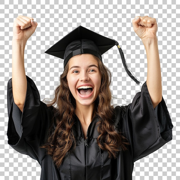 A woman in a graduation gown is smiling and holding her hands up in the air