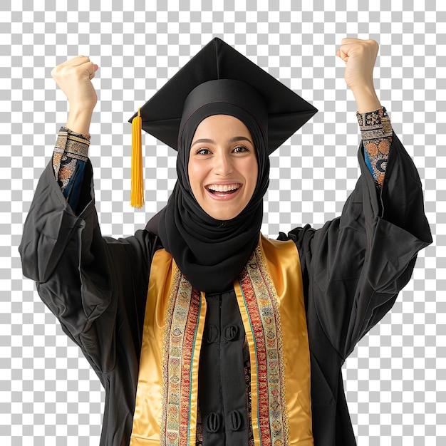 A woman in a graduation gown is smiling and holding her hands up in the air