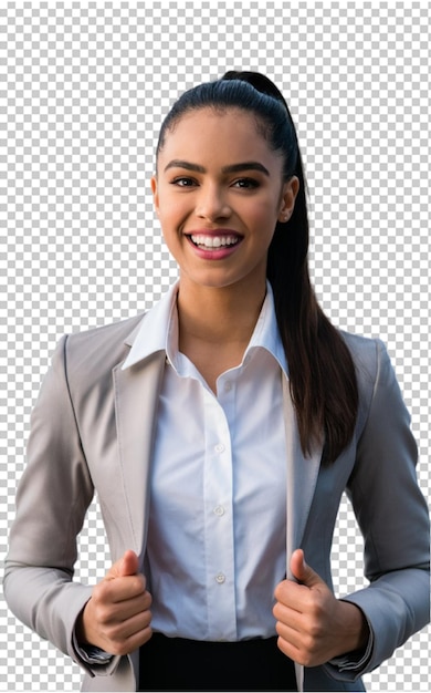 PSD a woman in a gray suit smiles and gives a thumbs up