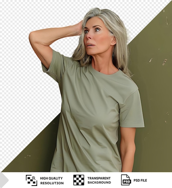 PSD a woman in a green tshirt looking up against a green background with a transparent background