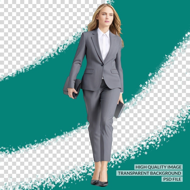 a woman in a grey suit stands in front of a green and blue background