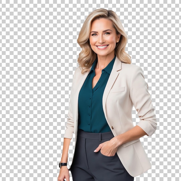 PSD a woman in a grey suit with a black shirt and a black tie