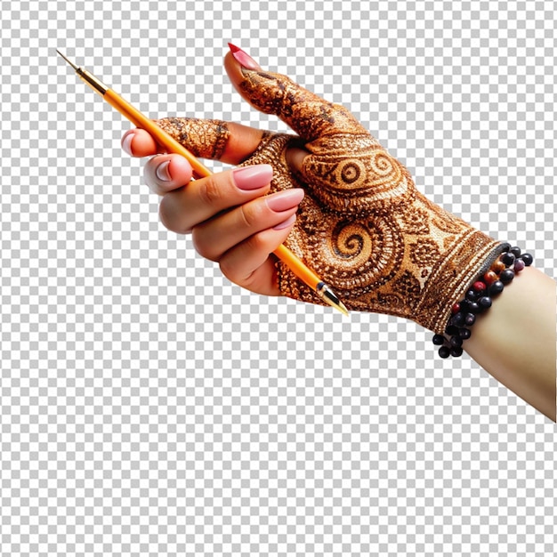 PSD woman hand with mehndi paints near textile png