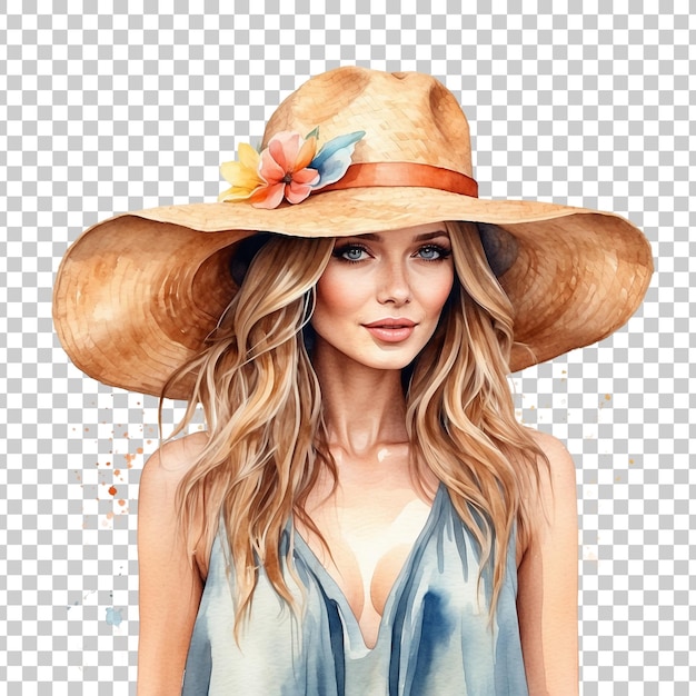 PSD a woman in a hat with flowers on it isolated on transparent background