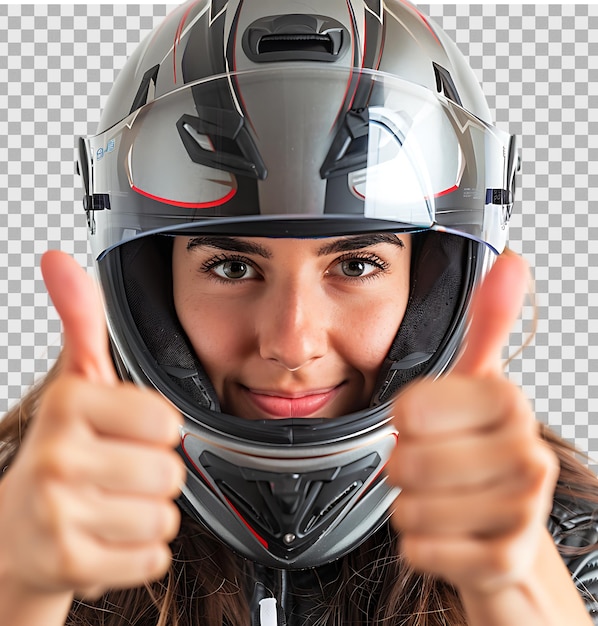 A woman in a helmet giving a thumbs up sign on isolated transparent background