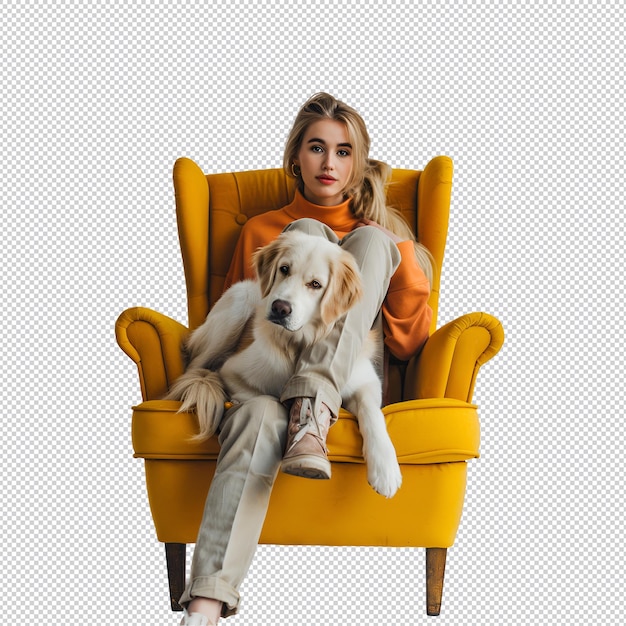 PSD a woman and her dog are sitting in an orange chair