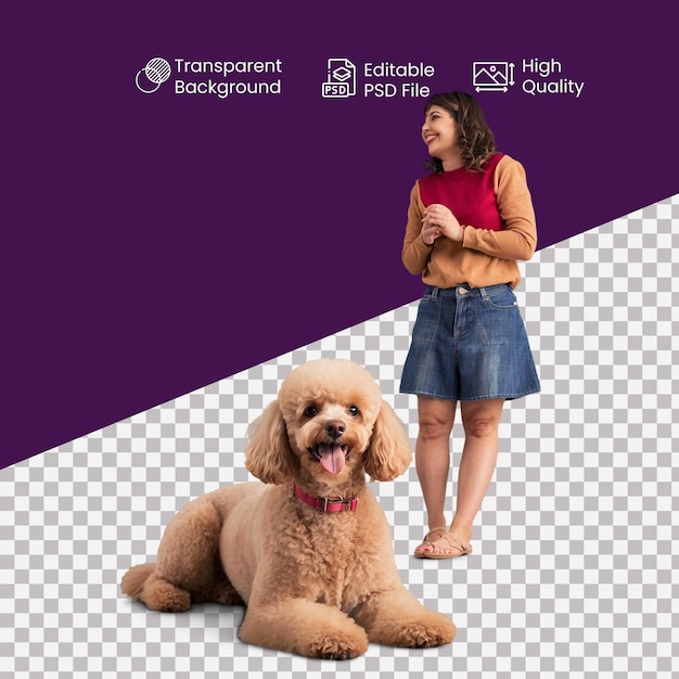 PSD a woman and her dog sit on a transparent background with a purple background