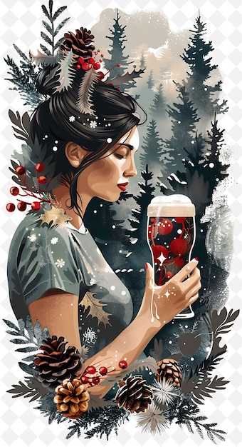 PSD woman holding a beer with a forest landscape in the backgrou flat illustration beer culture design