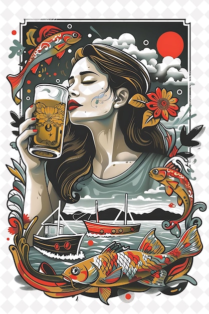 Woman Holding a Beer With a Lake Landscape in the Background Flat Illustration Beer Culture Design