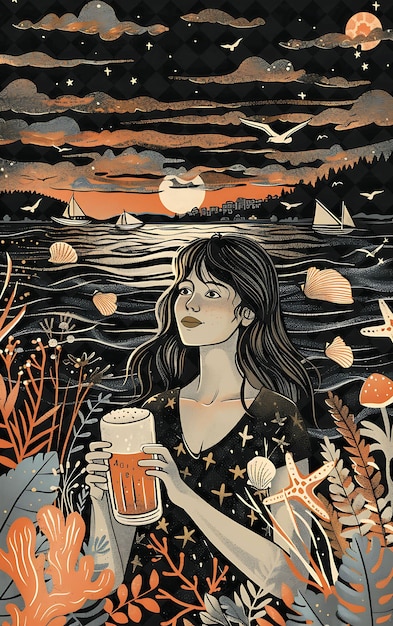 Woman Holding a Beer With a Lake Landscape in the Background Flat Illustration Beer Culture Design