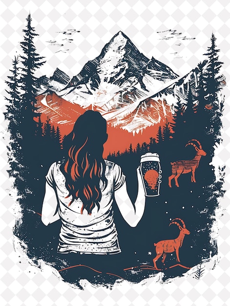 PSD woman holding a beer with a mountain landscape in the backgr flat illustration beer culture design