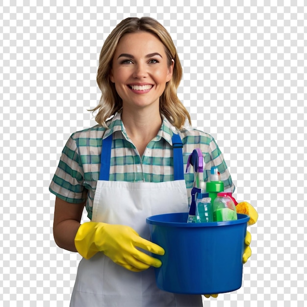 a woman holding a blue bucket with a blue dish soap and a bottle of cleaner