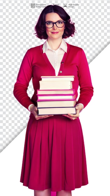 PSD woman holding books in red uniform and glasses