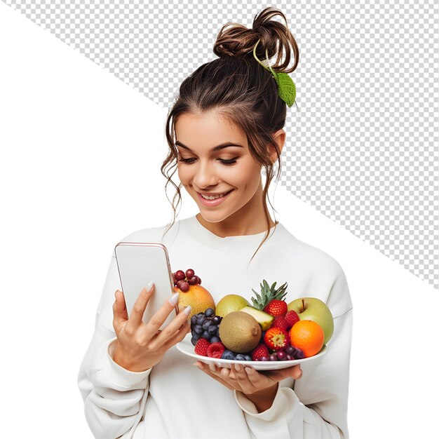 PSD a woman holding a bowl of fruit with a bunch of fruit in her hand