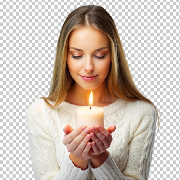 PSD a woman holding a candle in her hands on transparent background