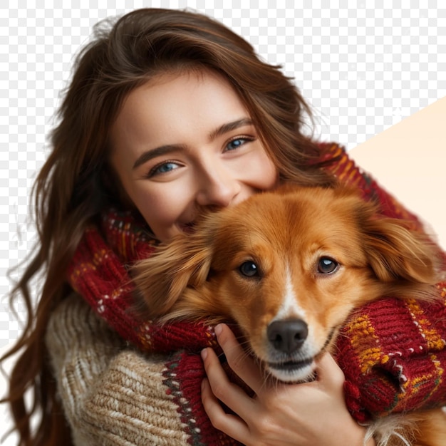 PSD a woman holding a dog with a scarf that says quot the dog quot