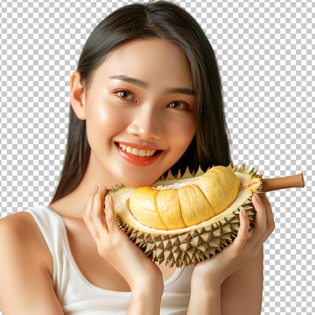 PSD woman holding durian transparent background