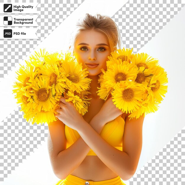 PSD a woman holding flowers with the words quot sunflower quot on the bottom