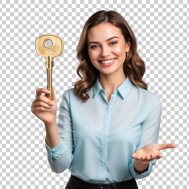 a woman holding a golden key with a key in her hand