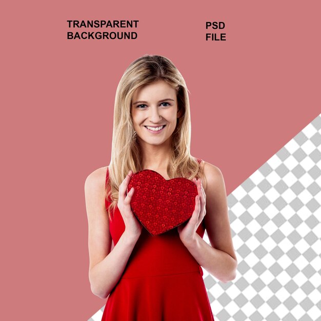 PSD a woman holding a heart chocolate box on the valentine with transparent background