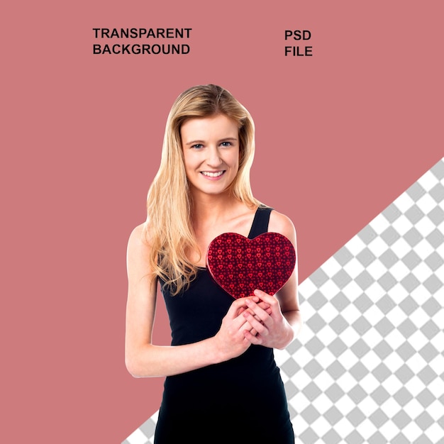 a woman holding a heart chocolate box on the valentine with transparent background