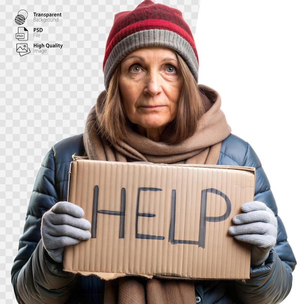 PSD woman holding help sign in winter clothing on transparent background