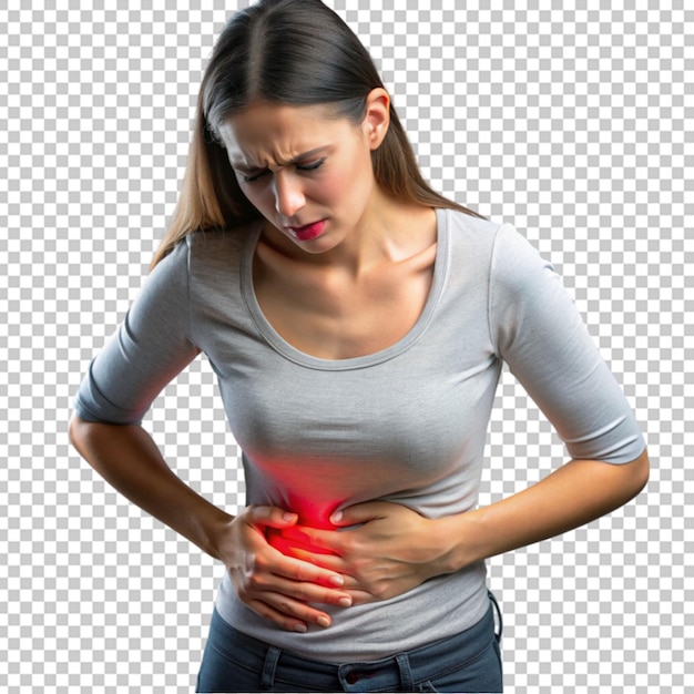 Woman holding her abdomen suffering from stomach problems over white background