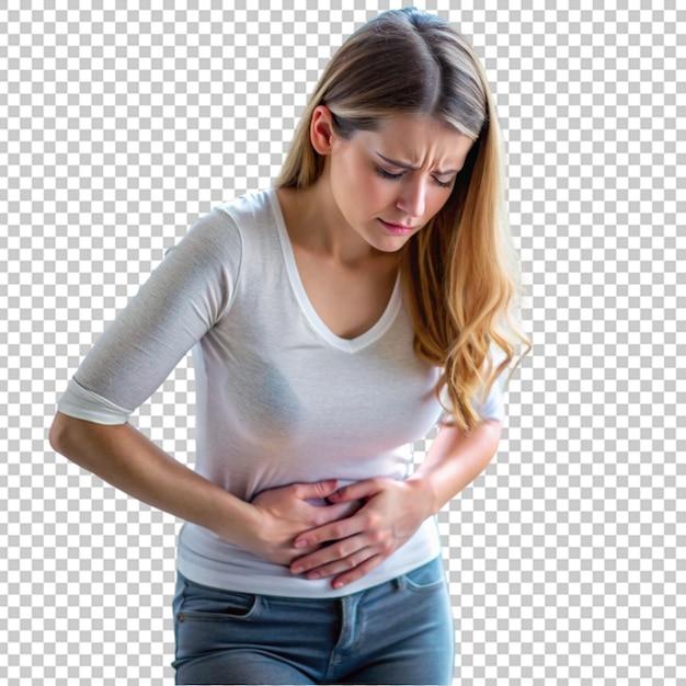 Woman holding her abdomen suffering from stomach problems