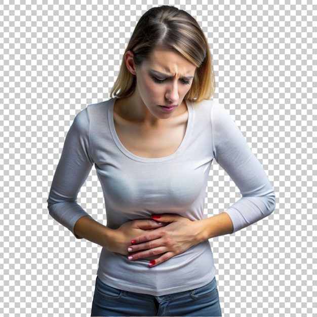 Woman holding her abdomen suffering from stomach problems