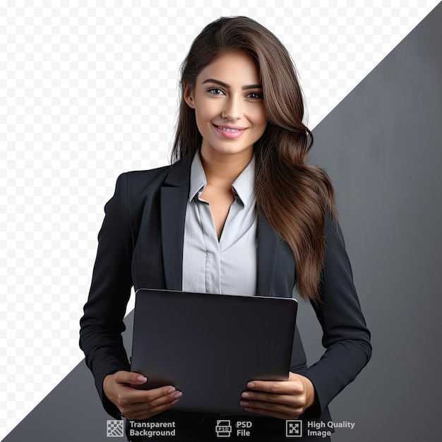 a woman holding a laptop with the words " bionic " on it.