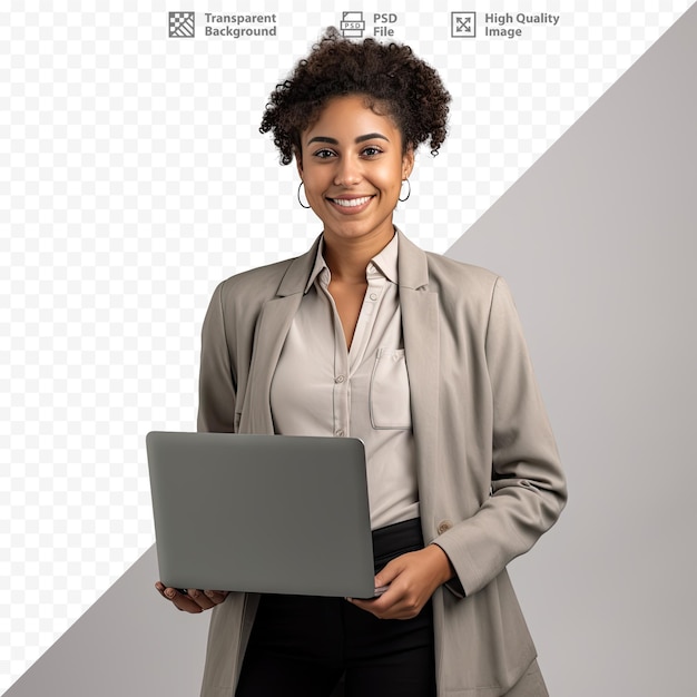 a woman holding a laptop with the words quot the brand quot on it