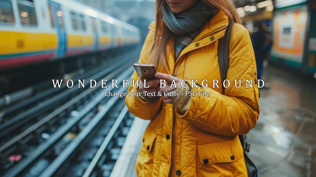 PSD woman holding mobile in a train station