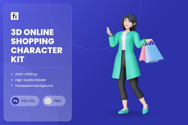 A woman holding a shopping bag and a blue screen that says online shopping character.