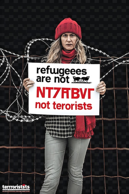 PSD woman holding a sign that reads refugees are not terrorists creative flat illustration art