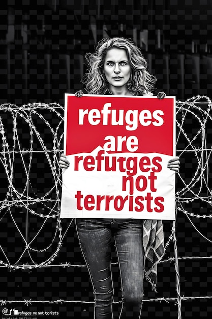 PSD woman holding a sign that reads refugees are not terrorists creative flat illustration art