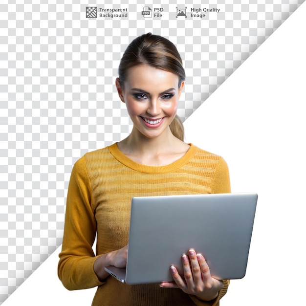 Woman holding a tablet smiling and looking at screen