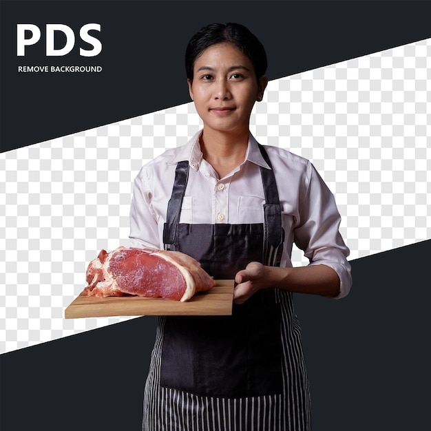 PSD a woman holding a tray of meat with the words okto