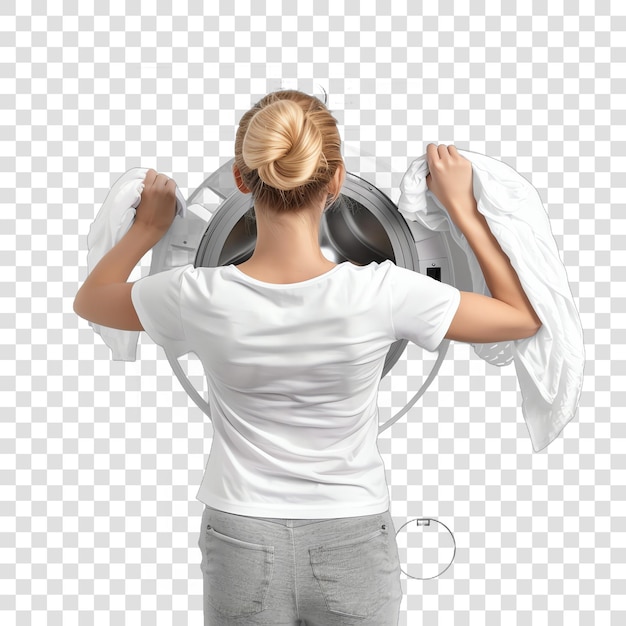 PSD woman holding white laundry from a washing machine clean style isolated on transparent background