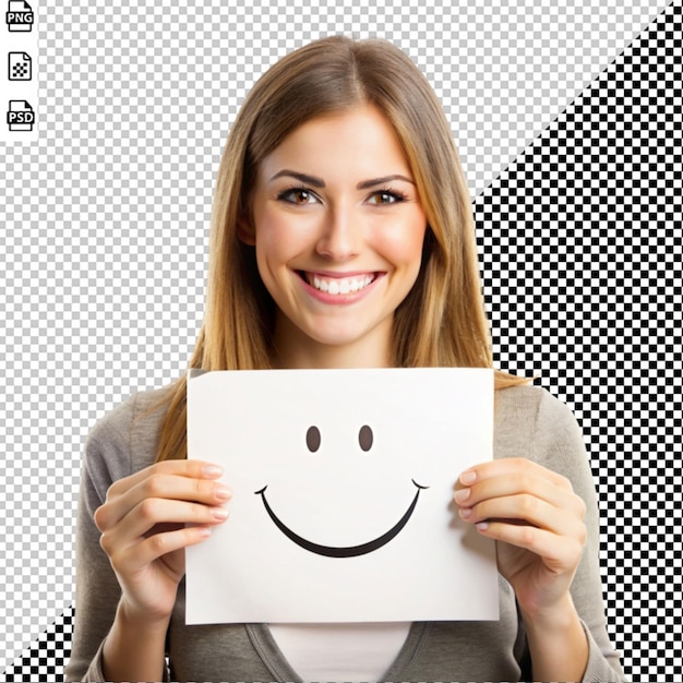 PSD a woman holding white paper that shows smiley face