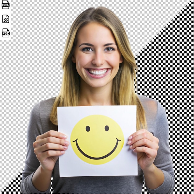 PSD a woman holding white paper that shows smiley face