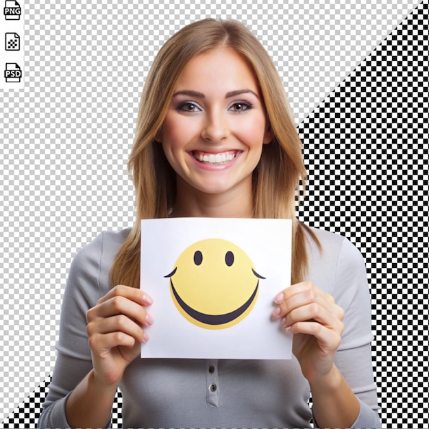 PSD a woman holding white paper that shows smiley face