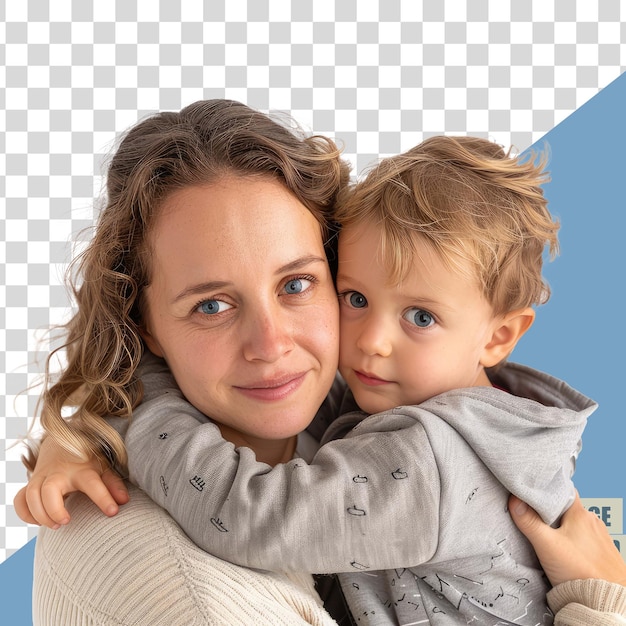 PSD a woman holds a child with a blue background behind her png on transparent background