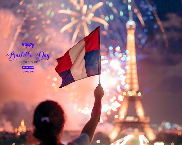 PSD a woman holds a flag in front of a tower with fireworks in the background