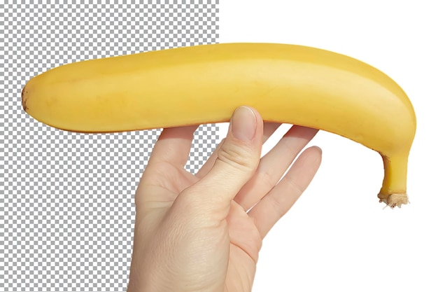 A woman holds one whole banana in her hand on a transparent background The concept of healthy food