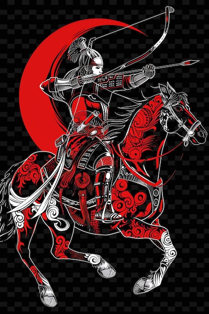 a woman on a horse with a red background