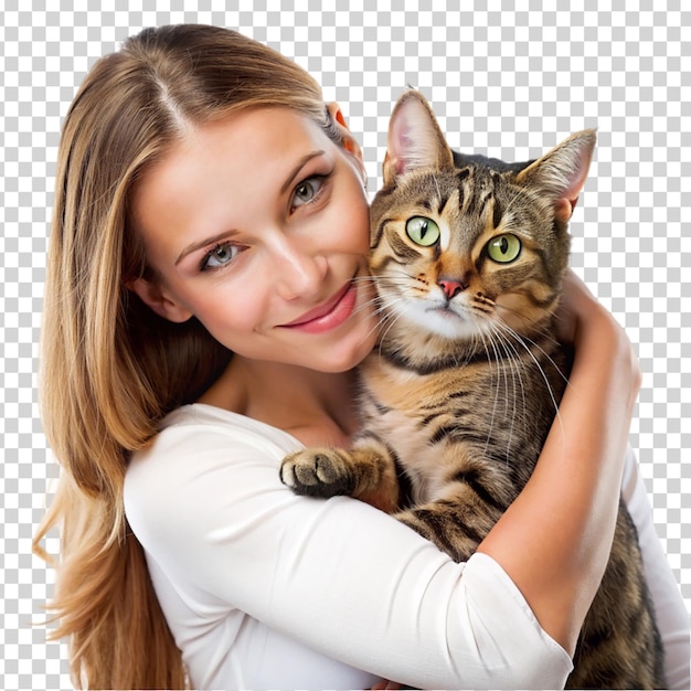 A woman hugging a cat on transparent background