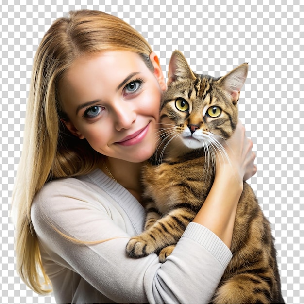 A woman hugging a cat on transparent background