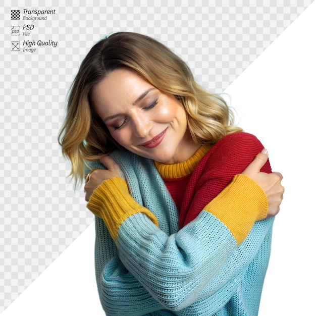 PSD woman hugging herself feeling happy and relaxed on a transparent background